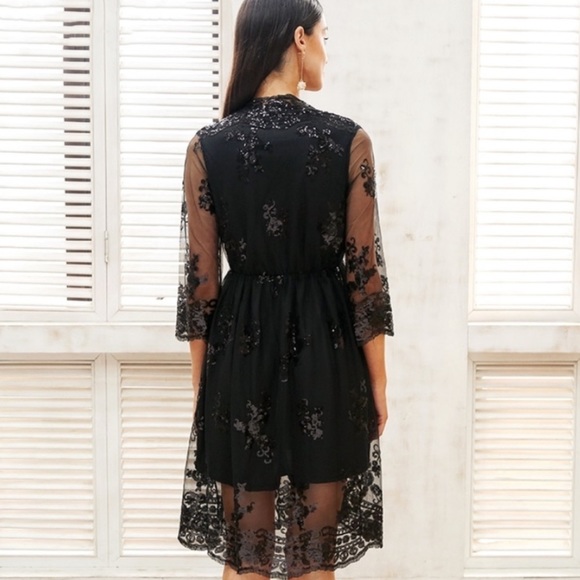 Black Midi V-Neck Mesh Dress with Black Sequins - Picture 1 of 2